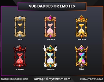 Pacote de Emblemas de Inscritos da Twitch em Formato de Ampulheta | Emblemas de Bits, Pontos do Canal e Emotes | Emblemas de Fidelidade Fantasia para Kickstarter e Discord | Download Imediato