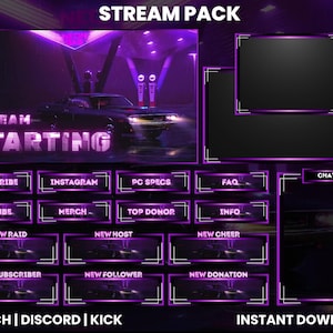 Peut inclure: Un pack de diffusion Twitch violet et blanc avec une voiture en arrière-plan. Le pack comprend une grande fenêtre de chat, un écran de démarrage et plusieurs petits panneaux pour les médias sociaux, les dons et autres informations. Le texte "STREAM PACK" est en haut de l'image, et le texte "INSTANT DOWNLOAD" est en bas.