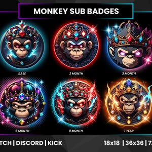 Pode incluir: Uma coleção de seis distintivos de subscrição de macaco circulares, cada um representando uma duração de subscrição diferente. Os distintivos apresentam rostos de macaco detalhados com vários efeitos brilhantes coloridos e coroas adornadas com joias. O texto indica compatibilidade com Twitch, Discord e Kick.