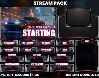 Pacote de transmissões de carros esportivos | Sobreposições e painéis animados para Twitch |