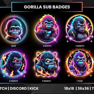 Könnte beinhalten: Sechs Neon-Gorilla-Sub-Badges für Twitch, Discord und Kick. Jedes Badge zeigt einen Gorilla mit leuchtenden Augen und einem einzigartigen Farbschema, das von Blau über Lila bis Orange reicht. Die Badges sind mit Zeitangaben versehen.