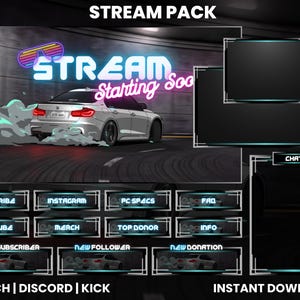 Peut inclure: Un pack de stream numérique avec une voiture argentée en dérive sur une route, et une enseigne au néon "STREAM Starting Soon". Comprend des panneaux pour le chat, les alertes d'abonnés et les liens vers les réseaux sociaux. Pour Twitch, Discord et Kick.