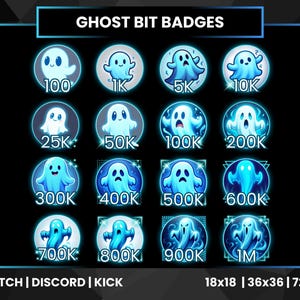 Könnte beinhalten: Eine Sammlung blauer Ghost-Bit-Abzeichen für Twitch, Discord und Kick. Jedes Abzeichen zeigt ein anderes Geisterdesign mit unterschiedlichen Punktwerten, von 100 bis 1M. Das Bild enthält Abzeichengrößen von 18x18, 36x36 und 72x72.