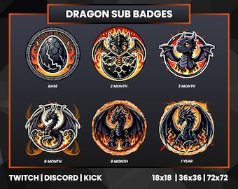 Black Fire Dragon Twitch Sub Badges | Evolution Set (Digital Download)