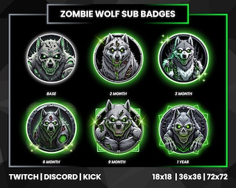 Emblemas de Sub Lobo Zumbi | Emblemas de Bits da Twitch com Brilho Verde (Download Digital)