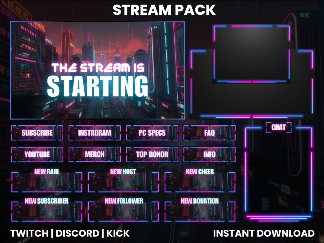 Neon Rain Twitch Stream Pack | Kick Overlays | Animated Screens ...
