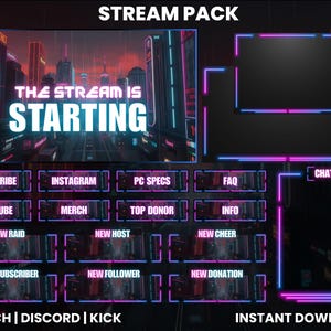 May include: A neon-themed Twitch stream pack with a cyberpunk city background. The pack includes a webcam overlay, chat box, and various buttons for subscribing, donating, and more. The text "THE STREAM IS STARTING" is displayed in the center of the image.