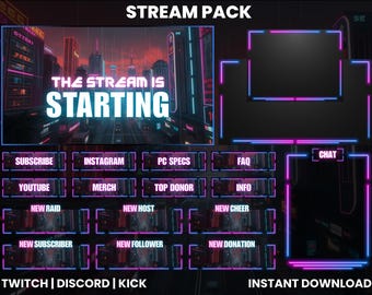 Puede incluir: Un paquete de transmisión de Twitch con temática de neón y un fondo de ciudad cyberpunk. El paquete incluye una superposición de cámara web, un cuadro de chat y varios botones para suscribirse, donar y más. El texto "THE STREAM IS STARTING" se muestra en el centro de la imagen.