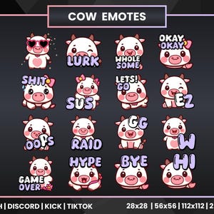 Lot de 20 emotes vache chibi | Twitch, Discord, Kick, TikTok (PNG, téléchargement numérique)
