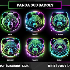 Neon Panda Twitch Sub Badges | Twitch Badges | Neon Panda Bit Badge | Panda Sub Badges | Discord Badges | Kick Badges | Panda Badges