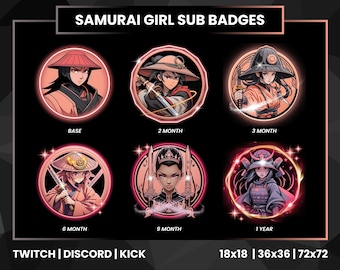 Emblemas de Sub da Twitch com Garota Samurai Rosa Neon | Reação a Expulsão (Download Instantâneo)
