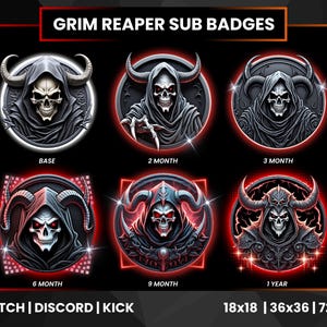 May include: Set of six Grim Reaper sub badges with a black and red color scheme. Each badge features a skull with horns and a hooded cloak. The text includes "BASE", "2 MONTH", "3 MONTH", "6 MONTH", "9 MONTH", and "1 YEAR".