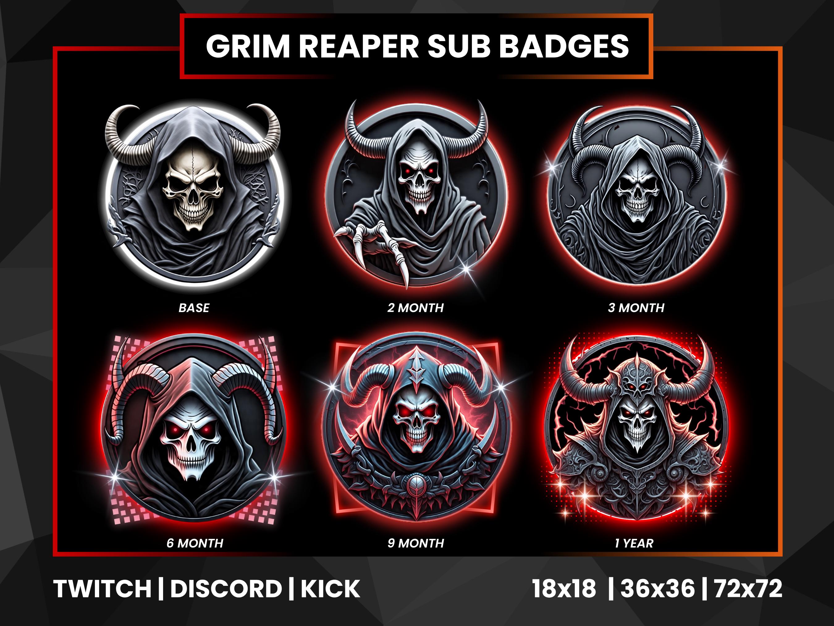 Grim Reaper Twitch Sub Badges and Bit Badges | Black Gothic Graphics | Stream Loyalty Badges | Dark Theme | Demon Badges | Gothic Badges