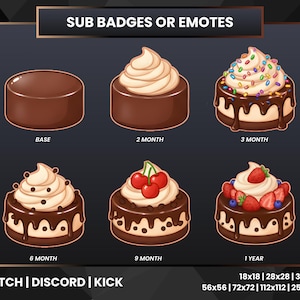 May include: A graphic featuring six cartoon cakes with varying toppings, including whipped cream, sprinkles, cherries, and berries. The image includes text that reads "SUB BADGES OR EMOTES" and lists platforms like Twitch, Discord, and Kick, along with size dimensions.
