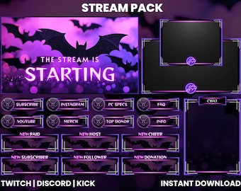 Black Bat Twitch Stream Pack | Purple Animated Overlay | Kick Overlays | (Digital Download)