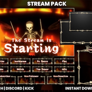 May include: A digital stream pack featuring a skeleton drummer against a fiery backdrop. The text "The Stream Is Starting" is prominent. Includes overlay frames and social media buttons with bone designs. For Twitch, Discord, and Kick streaming platforms.