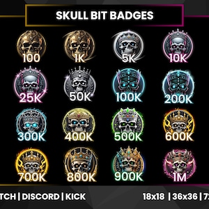 Op de afbeelding: Een set van 16 schedel-bit badges met verschillende gekleurde achtergronden en nummers van 100 tot 1 miljoen. De badges zijn ontworpen voor Twitch, Discord en Kick.