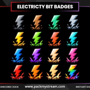 May include: A collection of sixteen digital badges labeled ELECTRICITY BIT BADGES, each featuring a lightning bolt striking a rocky base in various colors including silver, orange, green, yellow, red, blue, purple, pink, and a rainbow gradient.