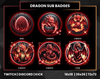 May include: Set of six red dragon-themed sub badges for Twitch, Discord, and Kick. Each badge features a different dragon design, including an egg, hatching dragon, and various poses. Sizes are 18x18, 36x36, and 72x72 pixels. The text "DRAGON SUB BADGES" is at the top.