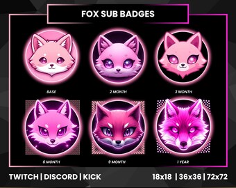 Pink Fox Sub Badges – Kawaii Kitsune Loyalty Badges (Instant Download)