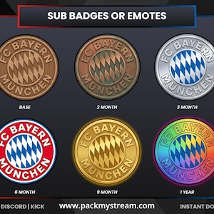 Può includere: Grafica con sei badge secondari o emote dell'FC Bayern München. I badge circolari presentano il logo e il testo della squadra, in vari colori e design, tra cui venature del legno, bronzo, argento, rosso, oro e sfumature arcobaleno. Il testo in basso recita "Twitch | Discord | Kick" e "Download istantaneo."