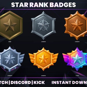 May include: Six hexagonal star rank badges with a white star in the center. The badges are in different colors and have different text below them: Base, 2 Month, 3 Month, 6 Month, 9 Month, 1 Year.
