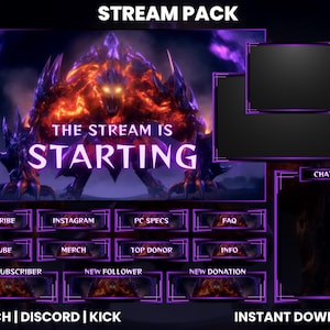 May include: A digital stream pack with a fiery monster graphic and the text "THE STREAM IS STARTING." Includes overlay elements for Twitch, Discord, and Kick, with buttons for various social media and donation links. The pack is available for instant download.