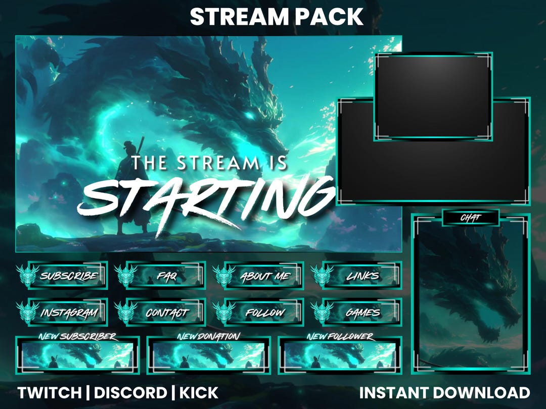 Cyan Dragon Twitch Stream Pack | Animated Screens, Overlays, Panels - Etsy