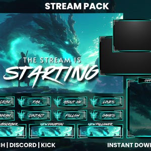 Cyan Dragon Stream Pack | CyanTwitch Overlay | Twitch Panels | Green Dragon Pack|  Webcam Overlay  | Animated Screens | Overlay | KICK | OBS