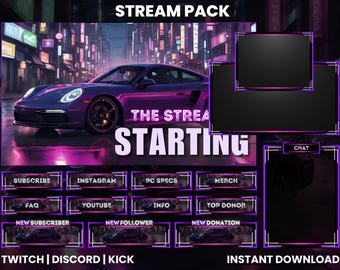 Pacote de transmissão ao vivo Porsche roxo neon para Twitch | Sobreposições animadas | Animação de chute