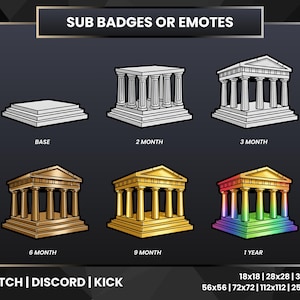 Pode incluir: Gráfico com seis ilustrações estilizadas de templos, cada uma representando uma duração de assinatura diferente. O texto "SUB BADGES OR EMOTES" está no topo. A parte inferior da imagem inclui o texto "TWITCH | DISCORD | KICK" e dimensões.