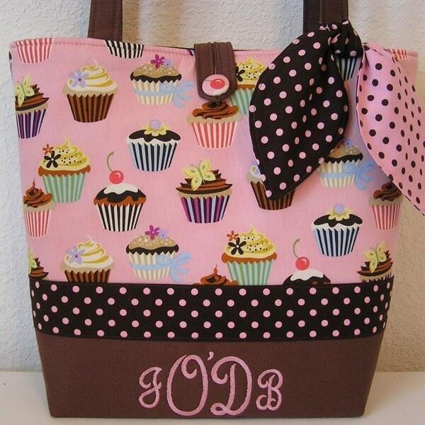 PERSONALIZED...Yummy.... Pink Cupcake Polka Dot Fabric Diaper Bag Tote Purse  Treasured Totes