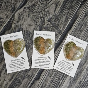 Sacred Medicine pocket heart contains Sage cedar Sweetgrass & Tobacco made with Resin
