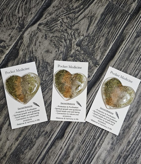 Sacred Medicine pocket heart contains Sage cedar Sweetgrass & Tobacco made  with Resin