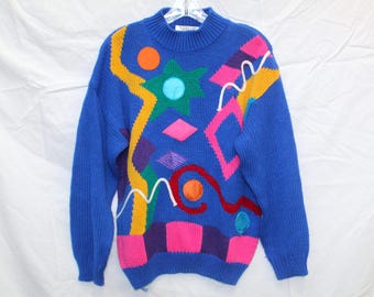 Vintage jaren 80, jaren 90 C.S.L Cherry Stix abstracte clowncore trui - Memphis Style Art Knit - Heldere geometrische oversized trui - Made in Korea