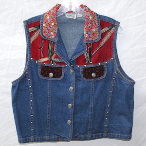 Gilet vintage anni '90 Shelly & Arnold in denim - Patchwork Western floreale - Gilet in jeans borchiato - Giacca senza maniche boho - Taglia L