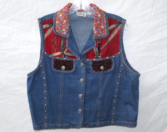 Vintage 90s Shelly & Arnold Denim Vest - Patchwork Western Floral - Studded Jean Vest - Boho Sleeveless Jacket - Size Large