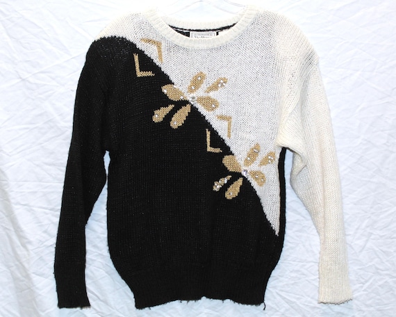 Vintage 80s Colorblock Sweater | Charlotte Van Horne Knit, Rhinestone Embellished (M)
