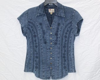 Vintage Y2K Scully-denimshirt - aansluitende western geborduurde top - Blue Jean Cowgirl Cottagecore
