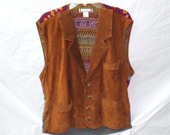 Vintage Suede Leather Vest – Southwestern Knit Back, Ram Head Buttons