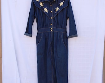 Vintage 1980s Ann Scott Western Denim Dress • Gold Appliqué & Stud Details • Button Front • Size M/L • Rockabilly Cowgirl Dress Size 9/10