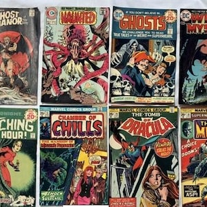 K&ouml;nnte beinhalten: Eine Sammlung von Horror-Comics im Vintage-Stil, darunter Titel wie "Ghost Manor", "Haunted" und "The Tomb of Dracula". Die Cover zeigen lebendige Illustrationen von Monstern und spannenden Szenen, mit fetter Schrift und klassischem Comic-Design.