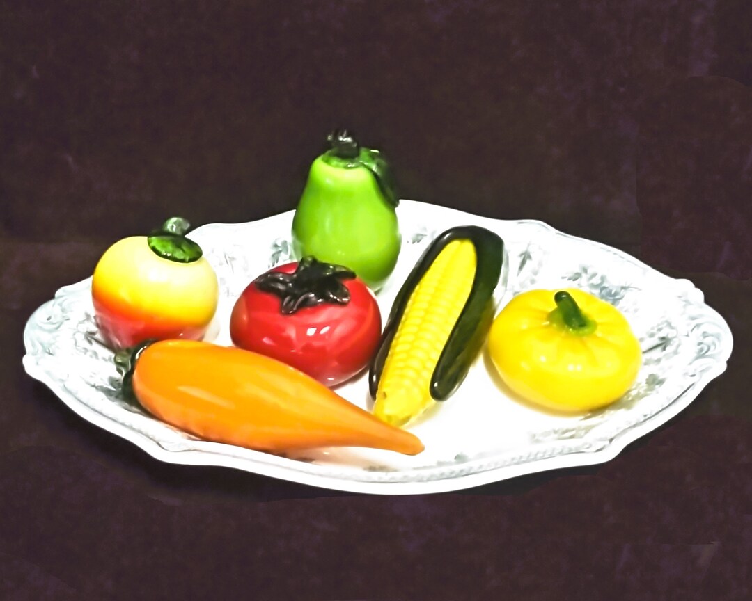 Lot Vintage Années 60 - 9 Fruits Et Légumes En Verre Style Murano - Avec Panier Métallique - Très Bon État