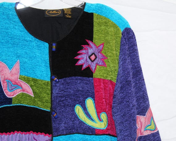 90s Patchwork Art Jacket - Colorblock Rayon Boho … - image 3