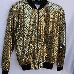 Vintage 80s Amrox International Gold Metallic Bomber Jacket | Sequin Look Glam Party Statement Jacket | Unisex M/L