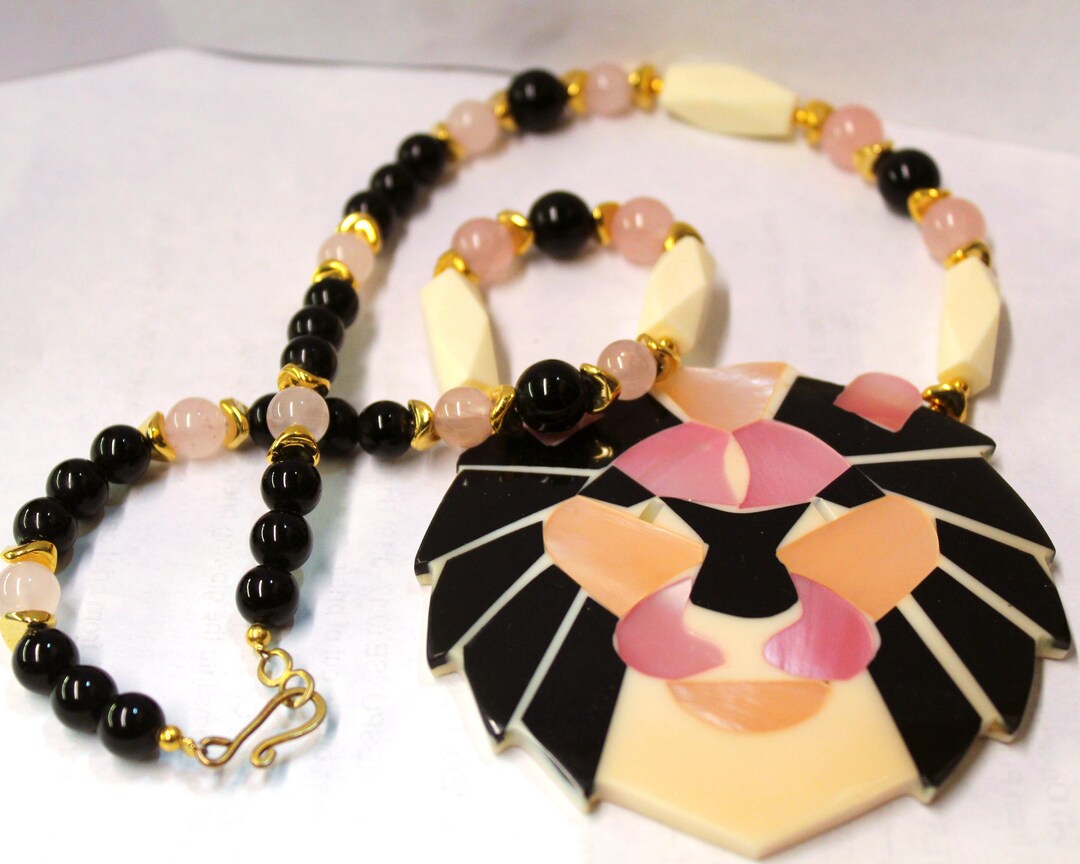 Lion Shell Inlay Vintage Lee Sands Lion Necklace • Shell Inlay, Rose Quartz & Onyx - Etsy