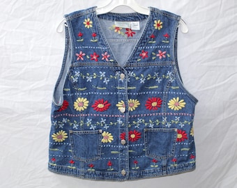 Vintage Denim Vest 90s Embroidered Floral - Cottagecore Boho Jean Vest - Womens Large