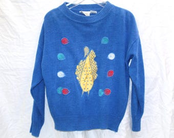 Vintage 80s Peacock Appliqué Sweater | Blue Novelty Knit, Size L