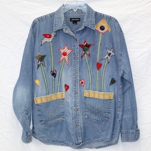 Vintage Y2K patchwork denim shirt - volkskunst appliqué sterrenharten - oversized XL western Cottagecore