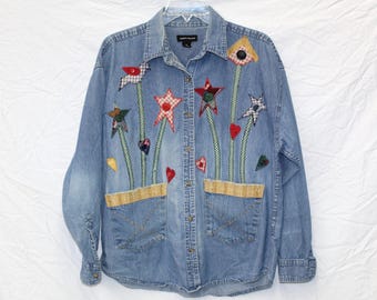 Vintage Y2K Patchwork Jeansskjorta - Folkkonst Applikation Stjärnor Hjärtan - Överdimensionerad XL Western Cottagecore